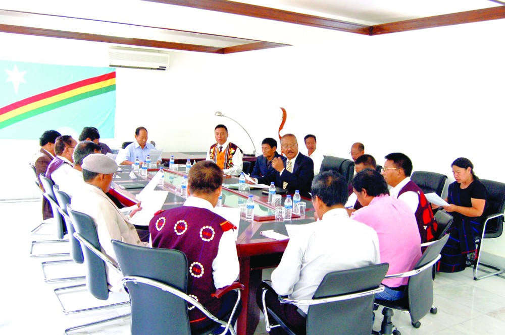 In this image released to the media, the convener of the Forum for Naga Reconciliation is seen here facilitating the Highest Level Reconciliation meeting among ‘Brig (Retd)’ S. Singnya, ‘kedaghe’ of NNC/FGN, N. Kitovi Zhimomi, ‘ato  kilonser’ of GPRN/NSCN and Th. Muivah, ‘ato kilonser’ of NSCN/GPRN on September 18 in Dimapur.